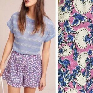 Purple Floral Linen Blend High Rise Ruffle Shorts